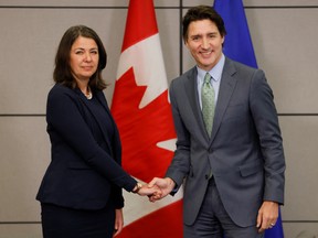 Alberta Premier Danielle Smith meets with Prime Minister Justin Trudeau as provincial and territorial premiers gather to discuss health care in Ottawa on Tuesday, Feb. 7, 2023.