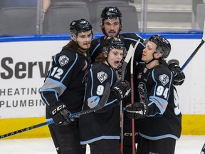 The Winnipeg Ice celebrate a goal against the Edmonton Oil Kings during the WHL playoffs in this file photo taken on May 23, 2022, in Edmonton.