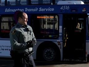 A bylaw officer works at the West Clareview Transit Centre, Monday Nov. 21, 2022.