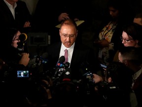 Edmonton Mayor Amarjeet Sohi speaks to the media following the introduction of the Alberta 2023 Budget in Edmonton, Tuesday Feb. 28, 2023. Photo By David Bloom