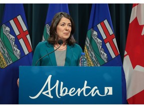 Alberta Premier Danielle Smith speaks during a news conference in Calgary on Thursday, Feb. 9, 2023.