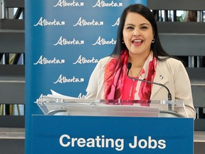 Alberta Trade, Immigration and Multiculturalism Minister Rajan Sawhney speaks during the announcement that  Applexus Technologies had chosen Calgary as its new Canadian headquarters on, Feb. 15, 2023.