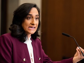 Minister of National Defence Anita Anand holds a media availability on Parliament Hill in Ottawa, on Thursday, Jan. 26, 2023.