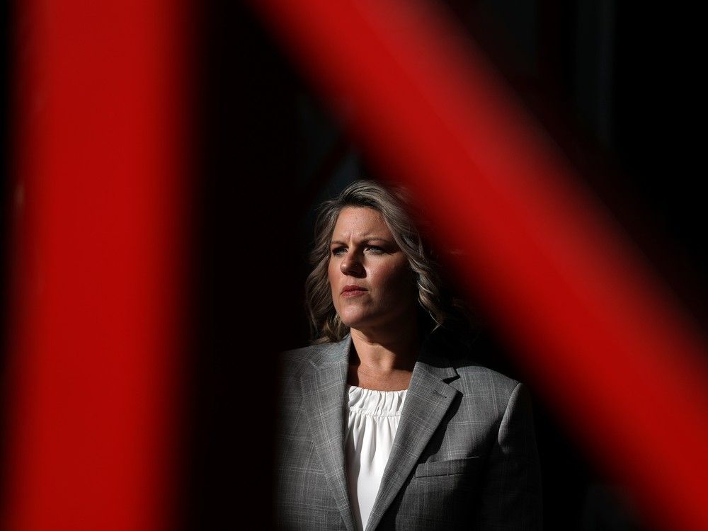 Former Leduc firefighter Christa Steele speaks to Leduc City Council, Monday April 11, 2022. Steele is one of the named plaintiffs in a class-action lawsuit that alleges women who work at the Leduc Fire Department are subject to a 