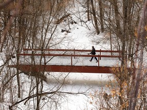 A pedestrian walks over a bridge in Mill Creek Ravine, in Edmonton, Monday, Feb. 6, 2023.
