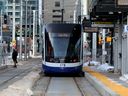 Crews continue to test the Valley LRT line through downtown Edmonton on Feb. 10, 2023.