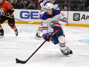 Edmonton Oilers right wing Kailer Yamamoto (56) handles the puck against the Anaheim Ducks in the second period at Honda Center on Jan. 11, 2023.