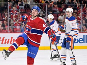 Montreal Canadiens forward Rafael Harvey-Pinard (49) celebrates after scoring a goal against the Edmonton Oilers during the second period at the Bell Centre.
