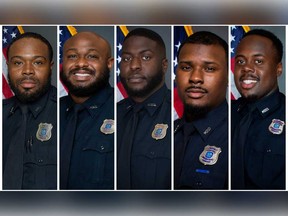 From left are Memphis police officers Demetrius Haley, Desmond Mills, Jr., Emmitt Martin III, Justin Smith and Tadarrius Bean.