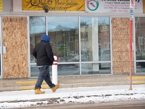 Boarded up windows at Pacific Mall on 97 Street at 105 Avenue.
Edmonton police Chief Dale McFee met with the Building Owners and Managers Association to discuss community safety with commercial building owners on Feb. 21, 2023.
