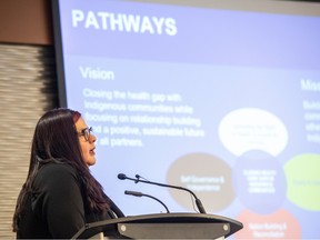 Amanda Meawasige, director of community engagement and Inter-governmental relations, First Nations health and social secretariat of Manitoba, speaks at the Matrix Hotel in Edmonton on Wednesday, Feb. 22, 2023. The University Hospital Foundation, Government of Alberta, Alberta Health Services, Indigenous representatives from Maskwacis, Siksika, and the Metis Settlements General Council were at the event. All of the programs are Indigenous-led and Indigenous-informed with the hopes of future spread and scale throughout the province and beyond.