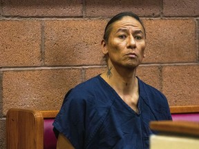 Nathan Chasing Horse sits in court in North Las Vegas, Nev., on Wednesday, Feb. 8, 2023. Bail has been set at $300,000 for the former "Dances With Wolves" actor charged with sexually abusing and trafficking Indigenous women and girls.