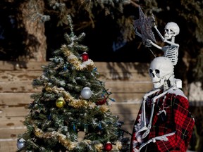 Skeleton themed Christmas decorations in the front yard of a home in Viking, Alberta, Tuesday, Jan. 31, 2023. Viking is an 90 minutes south east of Edmonton.