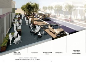 A proposal for a portion of Whyte Avenue would make sidewalks wider and dedicate one lane in each direction for mass transit, states a City of Edmonton report.