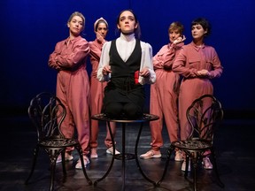 Dayna Lea Hoffmann, centre, stars in Shadow Theatre's latest production, All The Little Animals I Have Eaten, at the Varscona through April 2.