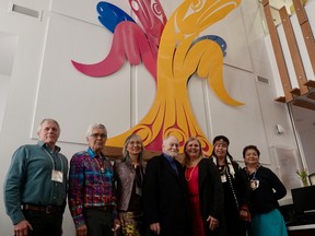 The crew who made sure Haida Gwaii artist Ben Davidson's modern day totem pole was installed in Edmonton's CASA Mental Health Building last week took a bow at  the unveiling. They are Vancouver's Jan Schmidt, fabricator of the totem pole, left, Robert Davidson, Ben Davidsons father who completed the art project when his son passed away,  Robert's wife Terri-Lynn Davidson, Journal writer Nick Lees, Nadine Samycia, CASA Mental Health, Tawni Davidson, Ben's widowed wife and Carrie Avveduti, CASA Mental Health.