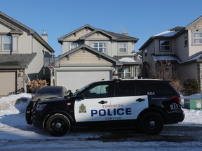 Police on scene at a suspicious death at 2622 Hanna Crescent in Edmonton on March 5, 2023.