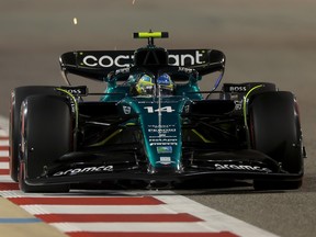 BAHRAIN, BAHRAIN - MARCH 04: Fernando Alonso of Spain driving the (14) Aston Martin AMR23 Mercedes on track during qualifying ahead of the F1 Grand Prix of Bahrain at Bahrain International Circuit on March 04, 2023 in Bahrain, Bahrain.