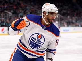 Evander Kane #91 of the Edmonton Oilers celebrates his goal during the first period against the Seattle Kraken at Climate Pledge Arena on March 18, 2023 in Seattle, Wash.
