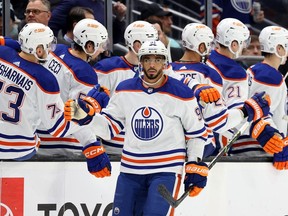 Evander Kane #91 of the Edmonton Oilers celebrates his goal during the second period against the Seattle Kraken at Climate Pledge Arena on March 18, 2023 in Seattle, Washington.