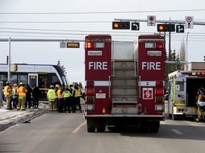 File photo of first responders involved in an LRT emergency simulation along the forthcoming Valley Line at 75 Street and 51 Avenue in February 2023. The City of Edmonton confirmed a collision in the same area on Monday involving a train and a semi truck.