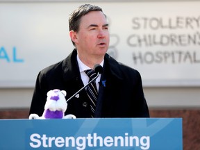 Health Minister Jason Copping speaks to the government’s support for the planning of a new children’s hospital in Edmonton, Thursday March 23, 2023. Photo by David Bloom