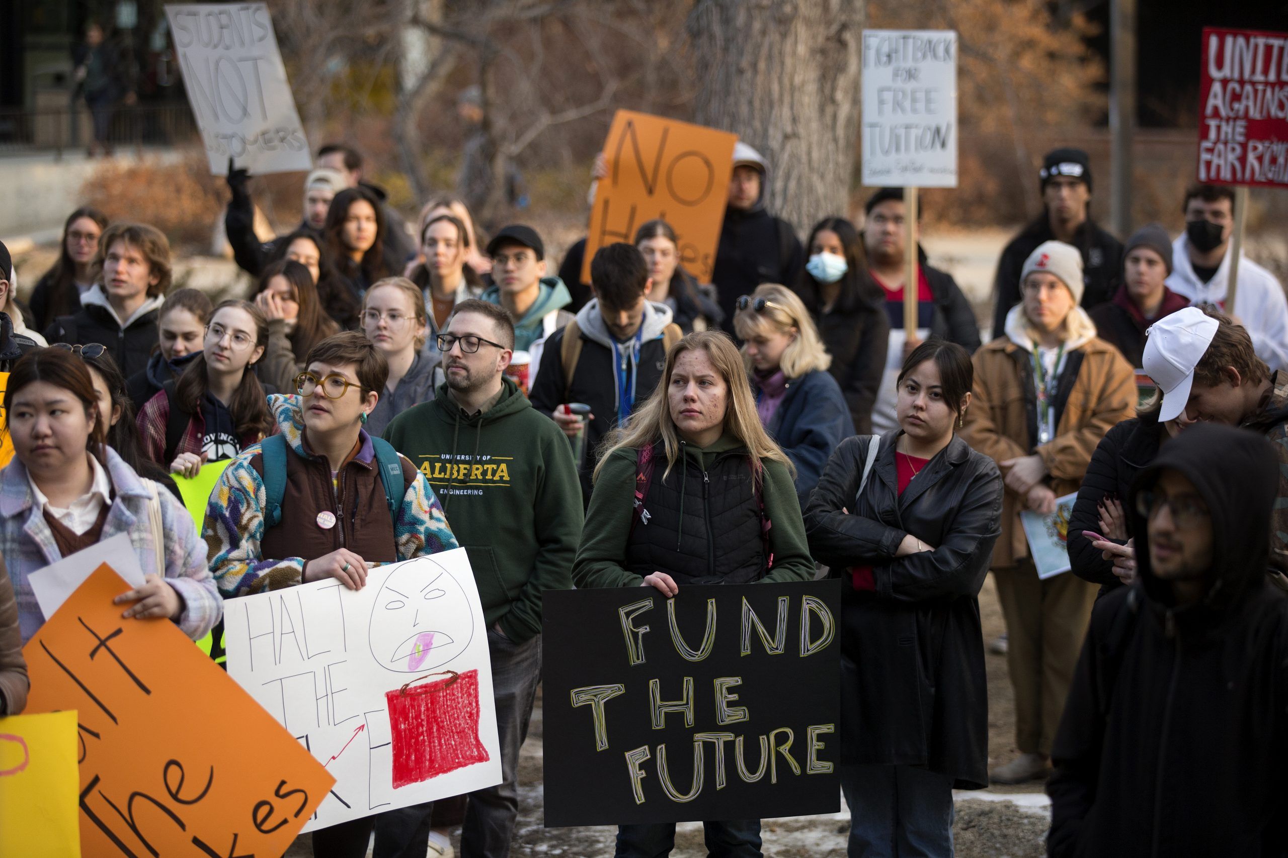 University of Alberta students protest against proposed tuition increases outside a Board of Governors meeting at University Hall in Edmonton, Friday March 24, 2023. Photo by David Bloom