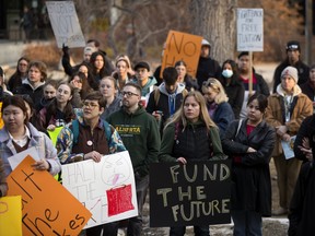 University of Alberta students protest against proposed tuition increases outside a Board of Governors meeting at University Hall in Edmonton, Friday March 24, 2023. Photo by David Bloom