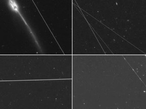 Images from the Hubble telescope show streaks of passing satellites.