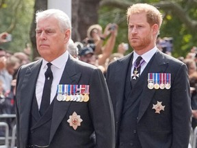 Britain's Prince Andrew, front, and Prince Harry follow the coffin of Queen Elizabeth II during a procession from Buckingham Palace to Westminster Hall in London, Wednesday, Sept. 14, 2022.