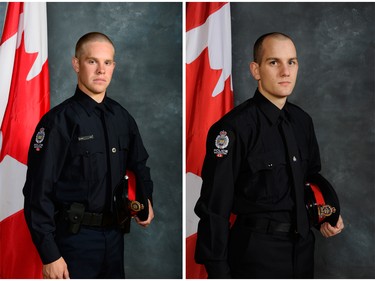 Edmonton Police Service (EPS) released pictures of Const. Brett Ryan (left) and Const. Travis Jordan, who were both killed in the line of duty on March 16, 2023.