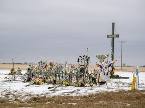 A memorial at the site of the fatal bus crash involving the Humboldt Broncos hockey team stands at the intersection of highways 35 and 335 near Tisdale, Sask., on Tuesday, Oct. 27, 2020.