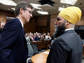 Loblaw president Galen Weston Jr. greets NDP Leader Jagmeet Singh while appearing before a committee on Parliament Hill in Ottawa on March 8, 2023.