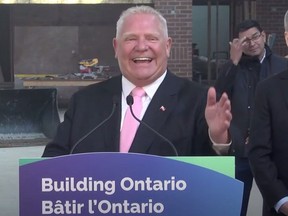 As seen in a YouTube video, Premier Doug Ford speaks to the press in Vaughan on March 21, 2023.