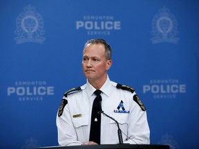 Edmonton Police Service Deputy Chief Devin Laforce gives an update on the investigation following the shooting deaths of Const. Travis Jordan and Const. Brett Ryan, during a press conference in Edmonton, Friday March 17, 2023.