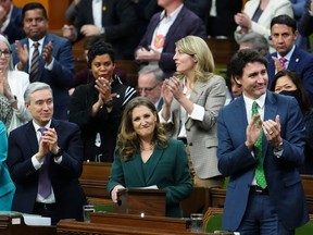 Deputy Prime Minister and Minister of Finance Chrystia Freeland receives applause as she delivers the federal budget in the House of Commons on Parliament Hill in Ottawa, Tuesday, March 28, 2023.