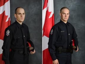 Edmonton Police Const. Travis Jordan, left, and Const. Brett Ryan are seen in a composite image made from two undated handout photos. Jordan, 35, an 8 1/2-year veteran with the Edmonton force, and Ryan, 30, who had been with the service for 5 1/2 years, were shot and killed responding to a domestic violence call on Thursday, March 16, 2023.