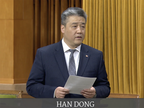 Screen grab of Han Dong's resignation from the Liberal caucus.