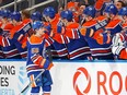 The Edmonton Oilers celebrate a goal scored by forward Kailer Yamamoto (56) during the first period against the Toronto Maple Leafs at Rogers Place.