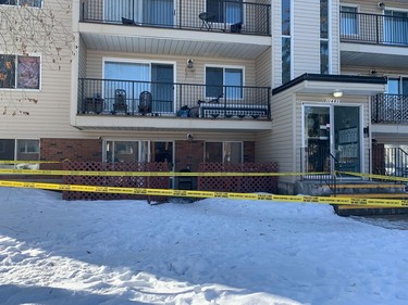 Edmonton Police investigate a large scene near 132 Street and 114 Ave on March 16, 2023 in Edmonton. Two EPS members were killed in the line of duty after responding to a domestic call in the area.