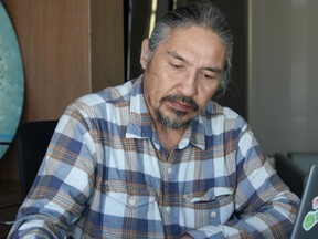 Chief Allan Adam of the Athabasca Chipewyan First Nation (ACFN) speaks to media from the main office in Fort McMurray on March 2, 2023.