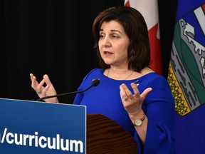 Minister of Education Adriana LaGrange provides an update on three updated draft K-6 subjects ready for piloting this fall during a news conference in Edmonton, May 17, 2022. Ed Kaiser/Postmedia