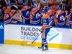 Edmonton Oilers Nick Bjugstad (72)celebrates his first period goal against the San Jose Sharks with teammates on Monday, March 20, 2023 in Edmonton. Greg Southam-Postmedia