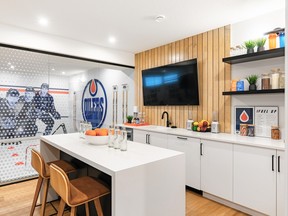 The smoothie bar in the Edmonton Oilers fan cave, by Coventry Homes.