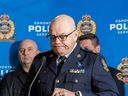 Police Chief Dale McFee talks about the two officers that were killed on Thursday, March 16, 2023, morning while responding to a call in the city's northwest. The officers were identified as Const. Travis Jordan, 35 and Const. Brett Ryan, 30. Jordan was an 8.5-year veteran of the Edmonton Police Service, while Ryan was with the EPS for 5.5 years.