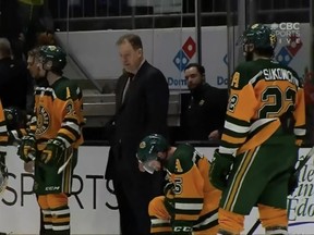 Head coach Ian Herbers and the University of Alberta Golden Bears hockey team watch the University of New Brunswick Reds celebrate a 3-0 victory in the U Sports national championship final Sunday, March 19, 2023, in Charlottetown, P.E.I.