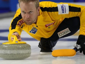 Sweden skip Niklas Edin delivers a stone against Canada during a gold medal game at the World Men's Curling Championships, Sunday, April 10, 2022, in Las Vegas. Edin is coming off an incredible campaign that included Olympic and world gold. His team is ranked No. 1 in the world with a 67-14 record this season.