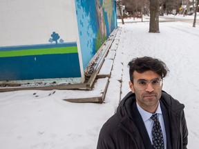 Ritchie Community League board president Avnish Nanda on March 10, 2023. The community hall is in need of replacement since the floor has caved in the main hall, the addition from the 1970s has sunk and is creating separation between the floor and the wall.