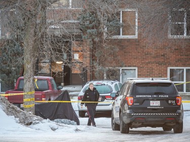 Edmonton Police investigate a large scene near 132 Street and 114 Ave on March 16, 2023 in Edmonton. Two EPS members were killed in the line of duty after responding to a domestic call in the area. Photo by Shaughn Butts-Postmedia