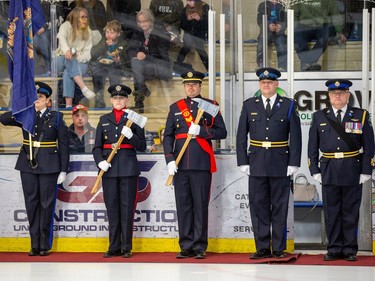 First responders form an honour guard prior to the Battle for the Badges Charity Hockey Game to start which will raise funds for The Legacy Place Society and the GoFundMe Memorial Fundraiser for Const. Brett Ryan and Const. Travis Jordan.. Const. Brett Ryan and his family reside in the community of Spruce Grove and Brett was an Official Referee with the Spruce Grove Minor Hockey Association. Brett was an Official in the Battle for the Badges game in 2022 and had planned to be again in the 2023 game. Taken on Wednesday, March 22, 2023 in Spruce Grove. Const. Brett Ryan and Const. Travis Jordan were killed while responding to a domestic violence call.